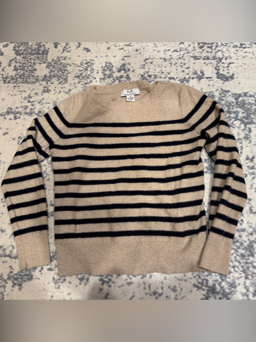 Magaschoni Beige and Black Striped Crewneck Sweater